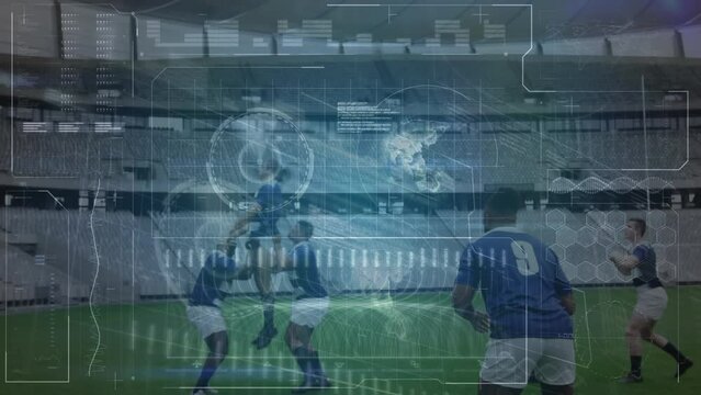 Animation of data processing over diverse rugby players at stadium