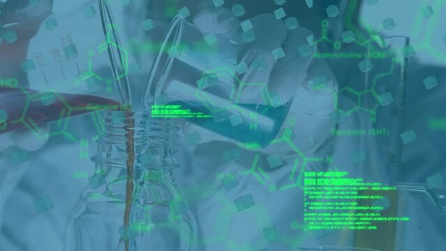 Animation of data processing over scientist working in lab