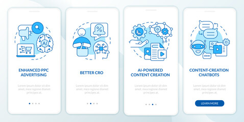 AI algorithm in marketing blue onboarding mobile app screen. Promotion walkthrough 4 steps editable graphic instructions with linear concepts. UI, UX, GUI template. Myriad Pro-Bold, Regular fonts used