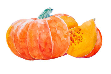 Hand painted watercolor pumpkin for halloween and Fall. Isolated object on white background.