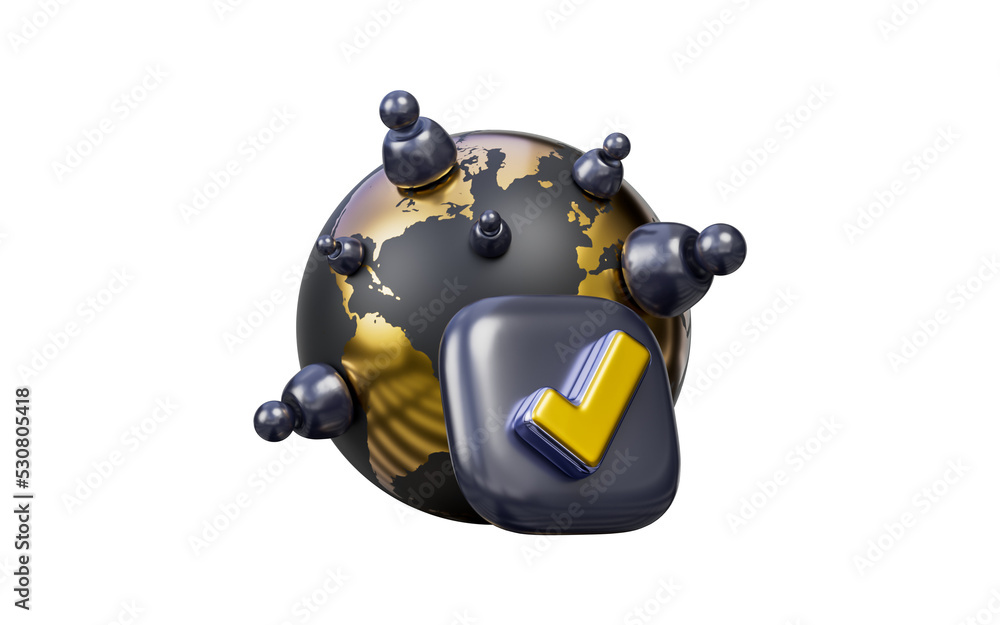 Aufkleber globe sign with check mark badge user on dark background 3d render concept for world population