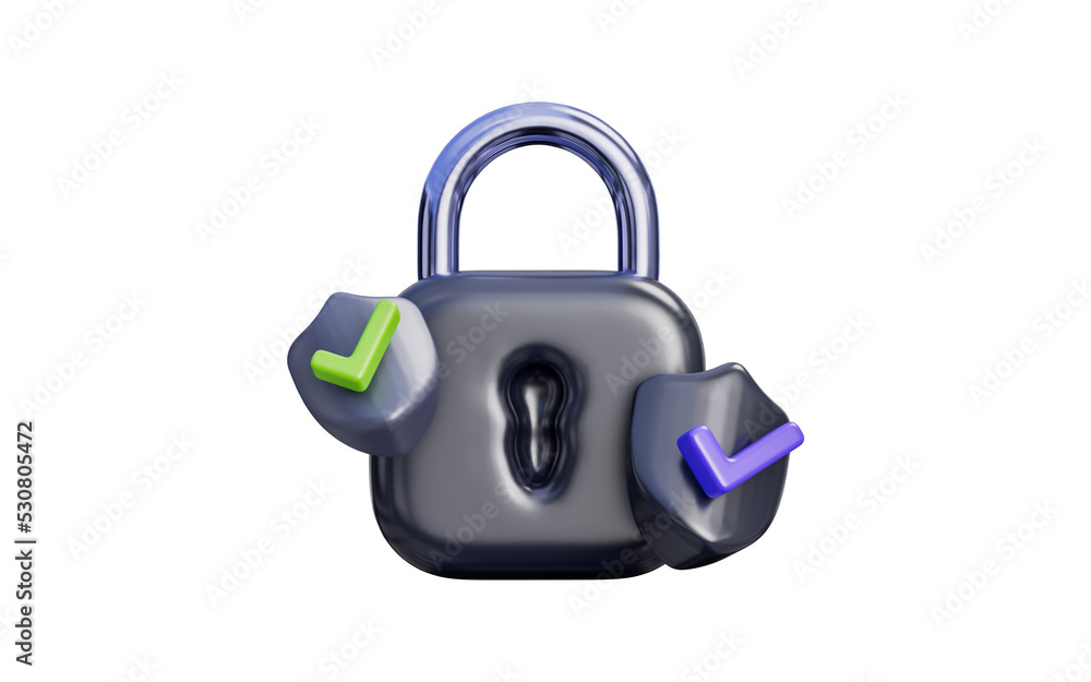 Poster padlock with security shield check mark sign dark background 3d render concept for safe protection