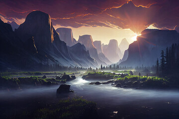 River Mountains Sunrise Vast Landscape digital art background with selective focus and blur