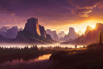 River Mountains Sunrise Vast Landscape digital art background with selective focus and blur