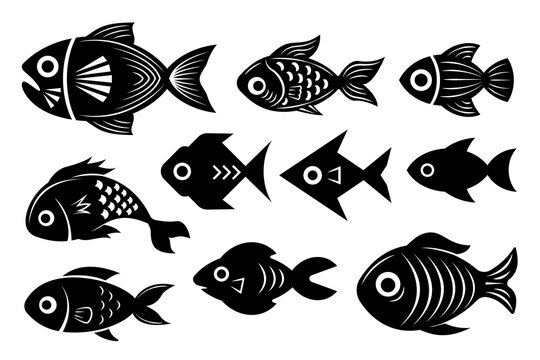 Black and white fish illustrations, collection of different fishes, abstract stylized underwater creatures isolated on white background.