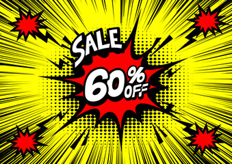 60 Percent OFF Discount on a Comics style bang shape background. Pop art comic discount promotion banners.