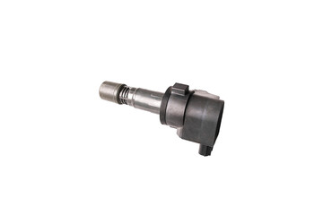 Ignition coil for a spark plug in an automobile engine block, isolated object on white background with clipping path