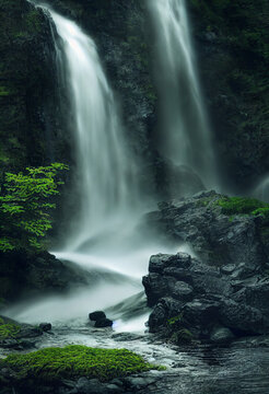 Beautiful waterfall in deep forest like a paradise. 2D Illustration. © Sakrapee Nopparat