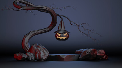Happy halloween 3d cartoon  jack o lantern with stone podium. 3d rendering illustration for banner or posters dark background.