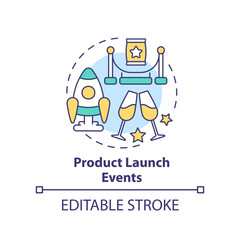 Product launch events concept icon. Business presentation. Corporate promotional abstract idea thin line illustration. Isolated outline drawing. Editable stroke. Arial, Myriad Pro-Bold fonts used