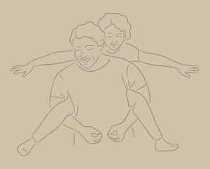 Vector sketch illustration of happy dad plays with smiling son. Parent and child, fatherhood concept