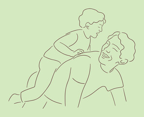 Vector sketch illustration of happy dad riding child on his back. Parent plays with son. Fatherhood concept