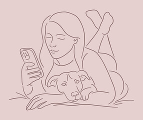 Person laying on the bed, cuddling dog and watching videos on smartphone. Contour sketch of woman doomscrolling social media and cuddle with puppy. Chill at home with pets, introvert party