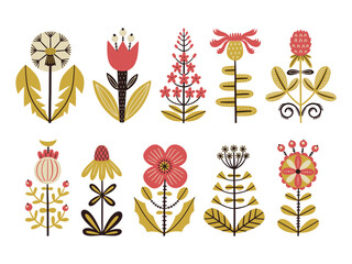Fototapeta na wymiar Collection of stylized fantastic flowers in folk style. Vector hand drawn illustration.