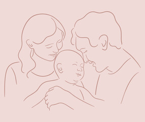 Vector sketch illustration of smiling dad and mom holds newborn baby. Parent and infant child, happy family concept
