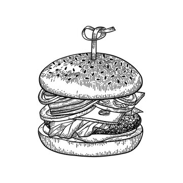 Burger monochrome vector illustration in vintage sketched style.