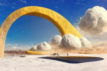 Rolgordijnen Surreal desert landscape with yellow arch and white clouds, 3d render © Marius