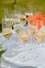 Champagne glasses on a table in the garden. Garden party in summer