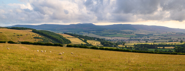 Simonside Hills panorama above Thropton, are part of Northumberland National Park near Rothbury, overlooking Coquetdale and Thropton Village