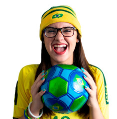 Brazilian fan. Young female cheerleader with green and yellow jersey celebrating on soccer . Brazil colors.