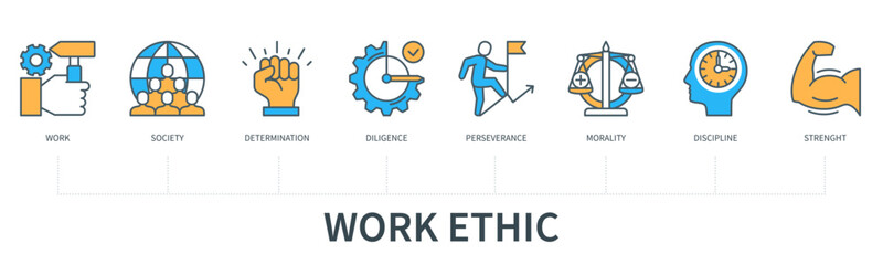 Work ethic concept with icons in minimal flat line style