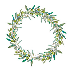 hand painted watercolor olive wreath, isolated on white background.