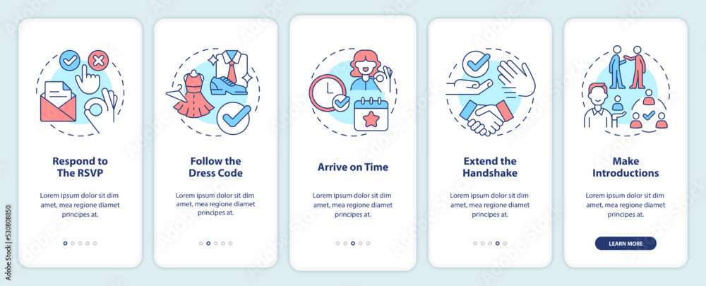 Aufkleber common business event etiquette rules onboarding mobile app screen. walkthrough 5 steps editable gra