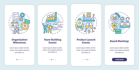 Naklejka premium Corporate events examples onboarding mobile app screen. Company walkthrough 4 steps editable graphic instructions with linear concepts. UI, UX, GUI template. Myriad Pro-Bold, Regular fonts used