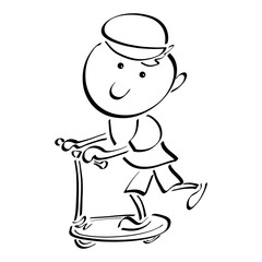 happy boy in a cap with a round head rides a scooter, black outline