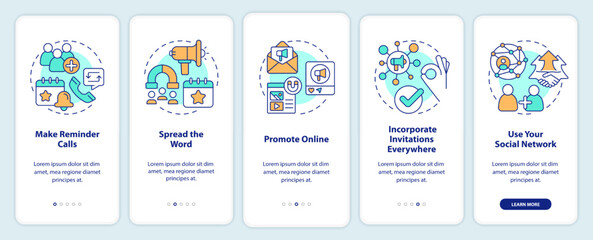 Engaging guests on business meeting onboarding mobile app screen. Walkthrough 5 steps editable graphic instructions with linear concepts. UI, UX, GUI template. Myriad Pro-Bold, Regular fonts used