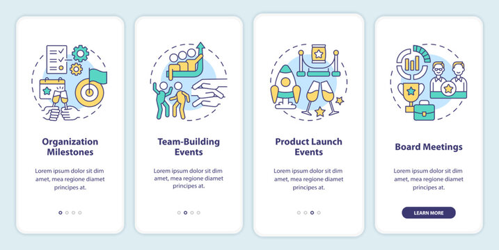 Corporate events examples onboarding mobile app screen. Company walkthrough 4 steps editable graphic instructions with linear concepts. UI, UX, GUI template. Myriad Pro-Bold, Regular fonts used