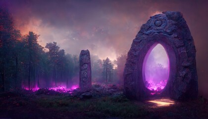 Raster illustration of magic stone portal in a clearing in the forest. Purple light, statues, teleportation to a parallel world, abstract patterns, witchcraft. Fiction concept. 3D artwork background - obrazy, fototapety, plakaty