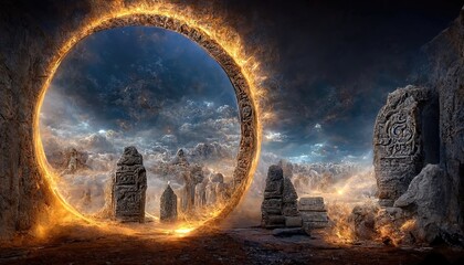 Illustration of magical stone portal on fire, surrounded by ancient statues. Monuments of culture, architecture of ancient civilizations, altar, idol, idolatry, parallel world. 3D artwork background - obrazy, fototapety, plakaty