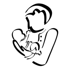 man holds his little child in his arms, and the toddler pulls the pen to his face, black outline