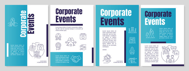 Corporate events blue brochure template. Business meeting. Leaflet design with linear icons. Editable 4 vector layouts for presentation, annual reports. Anton, Lato-Regular fonts used