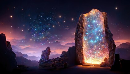 Raster illustration of magical portal to a parallel universe on the background of the starry sky. Mountains, rocks, stones, neon blue lights, teleportation, magic, night. 3D rendering illustration - obrazy, fototapety, plakaty