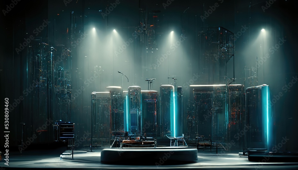 Poster data center with a futuristic podium located nearby. the light of lanterns falling through the fog, 