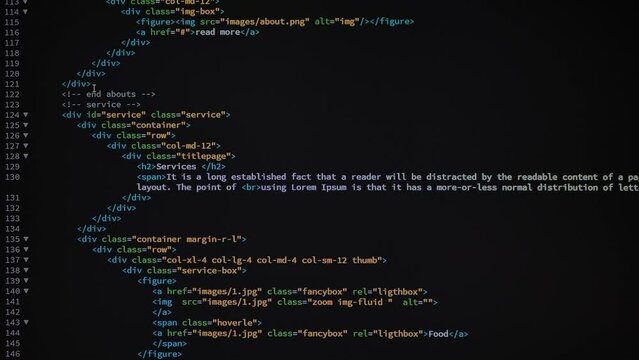 4K Close up shot HTML tag code on PC Monitor scroll down. Background concept for programming and coding web development. Suitable for green screen replacement. Scene C.