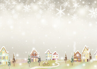 優しい色使いの北欧風オシャレな冬の街並みとキラキラ雪の結晶の降るフレームイラスト壁紙素材