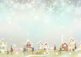 優しい色使いの北欧風オシャレな冬の街並みとキラキラ雪の結晶の降るフレームイラスト壁紙素材