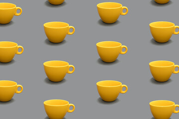 Pattern made of empty vibrant yellow mug on gray background. Minimal big or small cup idea for coffee or tea break. Creative aesthetic layout.