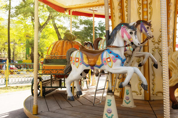 Colored carousel in the amusement park, on a summer day, copy space