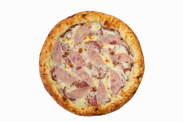 Homemade pizza with ham and sausage.