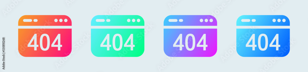 Poster 404 warning solid icon in gradient colors. error page signs vector illustration.
