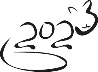 cat of numbers 2023 in hand draw style. Lunar zodiac symbol of Year of cat. Chinese New Year 2023 Christmas logo. Vector illustration