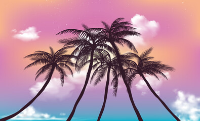 Fototapeta na wymiar Background with sunset sky and palm trees, tropical resort