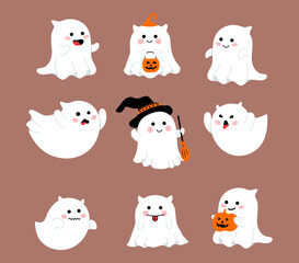 Halloween ghost with costumes collection. Cute cartoon spooky character.