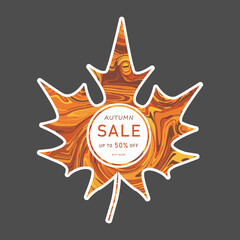 Autumn sale, sticker. Silhouette maple leaf with text and marble texture. Isolated. Vector stock illustration.