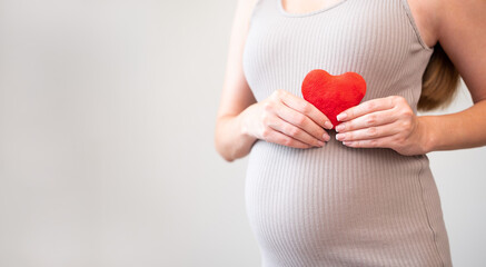 Cropped shot of pregnant woman wearing tight dress holding soft red heart on gray background. Pregnancy, love, healthcare and motherhood concept. Idea of cardiology problems or desease.Copy space. 