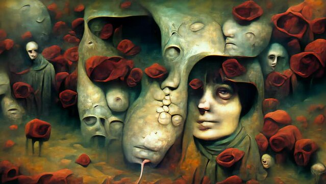 AI generated NFT crypto art of abstract face monsters painting. Surreal digital image manipulation of an artificial intelligence.Cyberart travel into the mind concept.